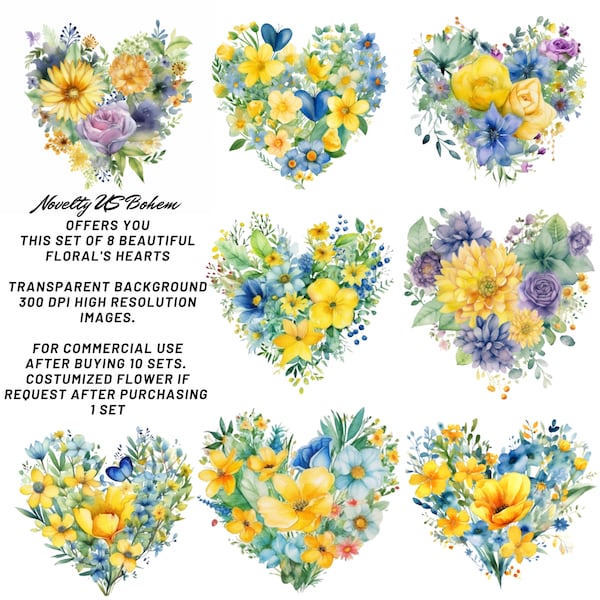 Set of 8 watercolor flower clipart, Sunflower and Spring Flowers clipart, digital download, Wildflower Blue and Yellow Floral PNG, Instant