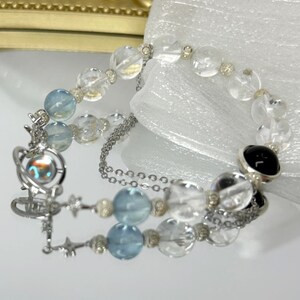 Personalized Bracelet, Azeztulite,Aquamarine, Silver Bracelet, Moon and Shiny Stars - Perfect Gift for her, Teacher, Mom, Bridal Party Gift