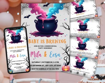 Halloween Gender Reveal baby shower invitation, Editable Baby Shower Invitation, Halloween baby shower, Boy or Girl, He or She, Blue or Pink