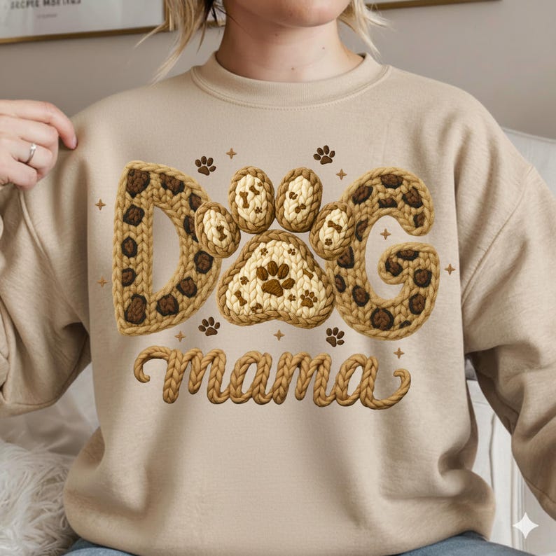 May include: Beige sweatshirt with the word "DOG" in a brown leopard print design and a paw print in the center. The word "mama" is written in a cursive font below the paw print. Small paw prints are scattered around the design.