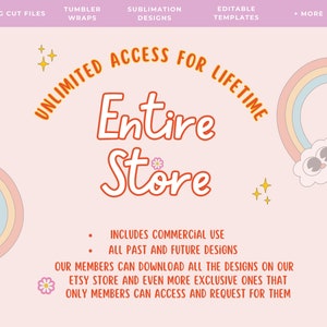 May include: A pink background with a rainbow and a cloud with eyes. The text "Unlimited Access for Lifetime Entire Store" is in orange and white. The text "Includes Commercial Use All Past and Future Designs Our Members Can Download All The Designs On Our Etsy Store And Even More Exclusive Ones That Only Members Can Access And Request For Them" is in black.