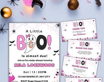 Little Boo bijna te laat babyshoweruitnodiging set, bewerkbare spookachtige geest, kleine boe-geroep, uitnodiging voor Halloween, herfst babyshowersjabloon