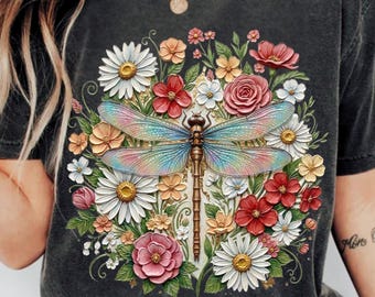 Vintage Dragonfly Floral PNG, Nature Botanical Floral Png, Cottagecore Garden Flower Png, Dragonfly Shirt Sublimation Design