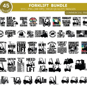 May include: A collection of 45 black and white SVG and PNG designs featuring forklift trucks and related sayings. The designs include phrases like "Forklift Fever", "Forklift Driver", "I'm Here to Fork Stuff Up", and "Certified Forklift Team".