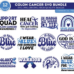 Colon Cancer SVG PNG Bundle| In March We Wear Blue PNG| Cancer Awareness svg| Cancer svg| Blue Ribbon svg| Cancer Survivor svg| Cure svg