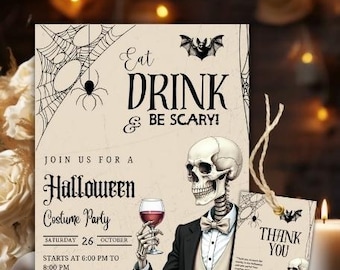 Puede incluir: Invitación a una fiesta de Halloween con una ilustración de esqueleto sosteniendo una copa de vino. La invitación incluye el texto "Eat, Drink, & Be Scary!" y los detalles de la fiesta. También se muestra una etiqueta de "Gracias" a juego.