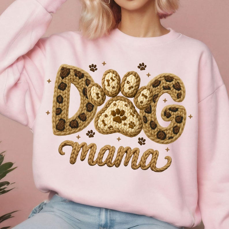 May include: A light pink sweatshirt with the words "DOG mama" in a brown, knitted design. The word "DOG" is stylized with a paw print in the center. Small paw prints and star shapes are scattered around the text.
