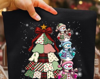 Patchwork Snowman Png, Preppy Christmas PNG, Patchwork Tree Png, Trendy Christmas Shirt Design