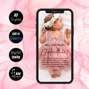 Può includere: Un modello di invito digitale su uno schermo di smartphone. L'invito presenta un bambino in un vestito rosa con il testo "WILL YOU BE MY Godmother?" e testo aggiuntivo. Lo sfondo è un design ad acquerello rosa tenue con icone circolari nere.
