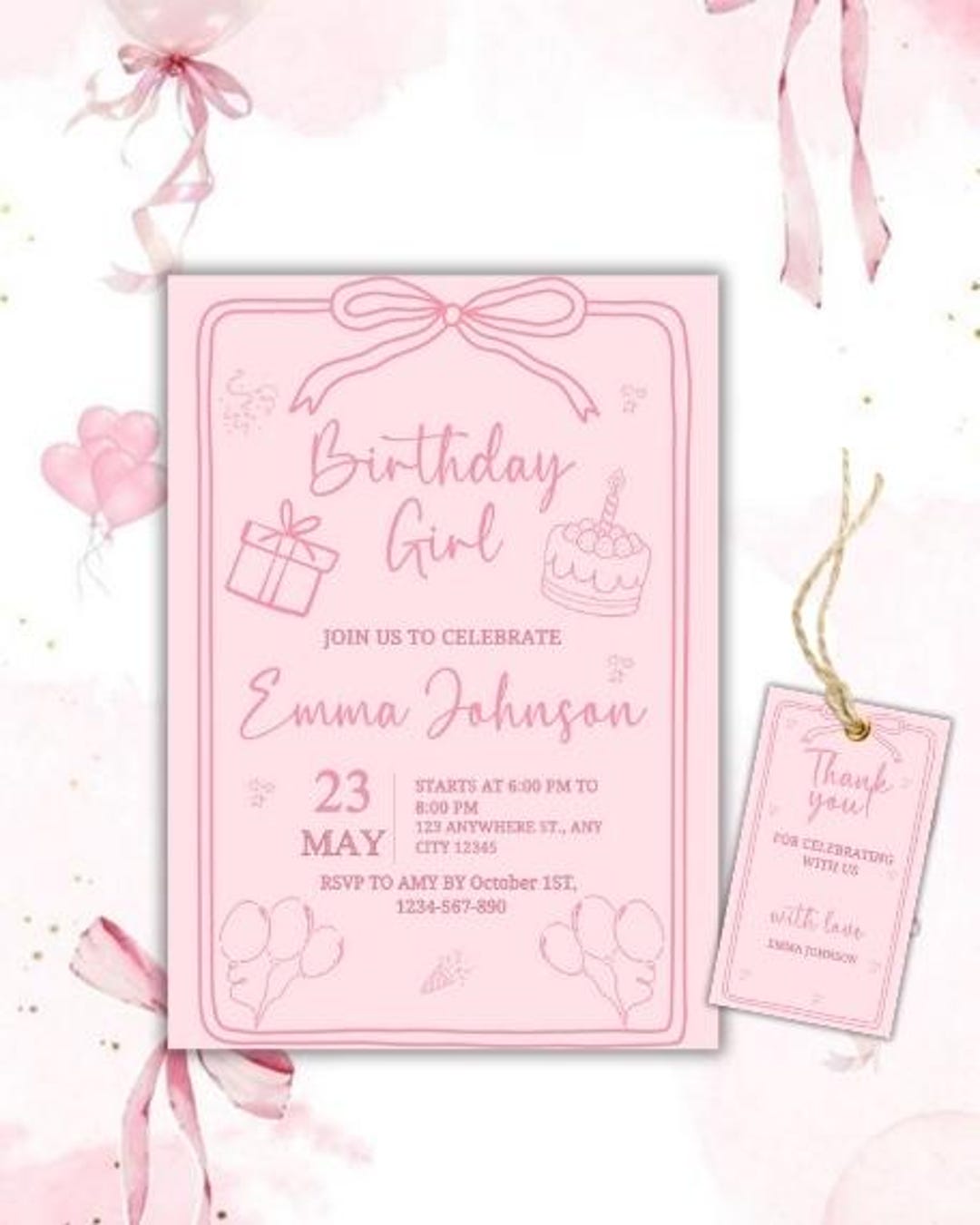 Pink Invitations Pink Birthday Party Invitation Template, Pink Bow Birthday Invitation ...