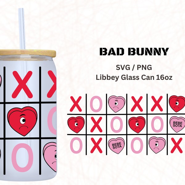 Bad Bunny Heart 16 oz Glass Can Wrap SVG| 16oz Libbey Full Wrap| Layered Libbey Glass Svg Cutfile| Cup Wrap| Free ready To Print Care Cards