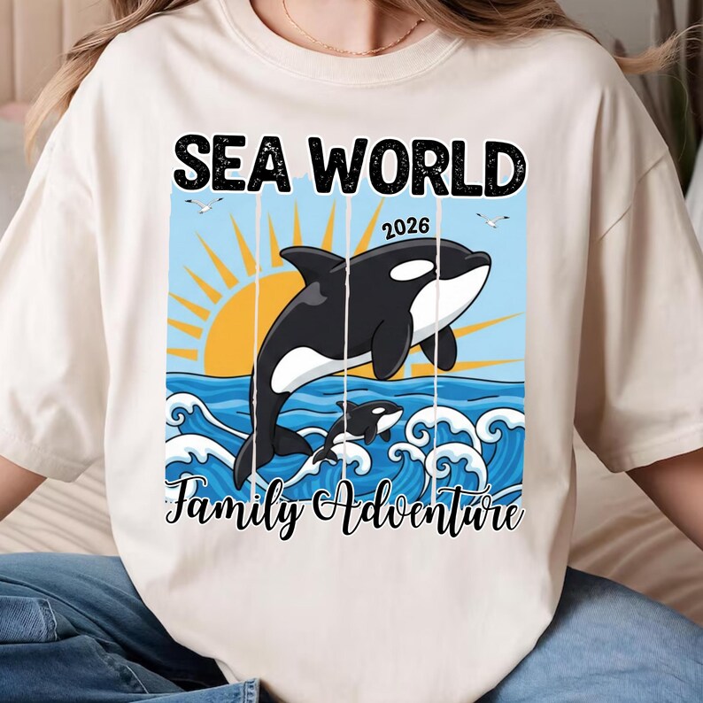 K&ouml;nnte beinhalten: Cremefarbenes T-Shirt mit einer Grafik von zwei Orcas, die aus blauen Meereswellen unter einer gelben Sonne springen. Der Text "SEA WORLD 2026" und "Family Adventure" sind &uuml;ber und unter den Orcas gedruckt.