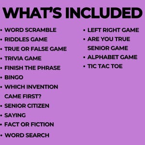 Peut inclure: Sur fond violet, l'image affiche "WHAT'S INCLUDED" en noir. Elle liste des jeux comme Word Scramble, Riddles Game, Trivia Game, et Bingo. Des jeux pour seniors sont &eacute;galement inclus.