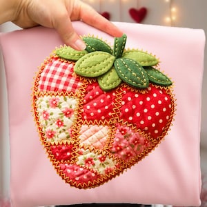 Puede incluir: Un artículo de tela rosa con un gran diseño de fresa aplicado. La fresa está compuesta por varias telas estampadas, incluyendo lunares rojos, estampados florales y cuadros, cosidas con hilo dorado. Hojas verdes coronan la fresa.