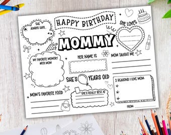 Página para colorear imprimible de Feliz Cumpleaños Mamá, Plantilla Todo sobre Mamá, Actividad de Cumpleaños de Mamá, Mantel Individual Imprimible de Feliz Cumpleaños Mamá