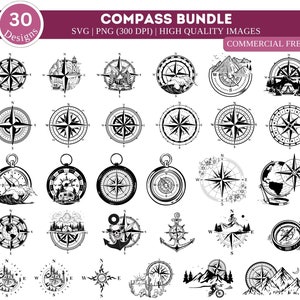 Ensemble Boussole Collection SVG PNG | Boussole nautique Svg | Clipart PNG | Silhouette boussole| boussole vintage| Tatouage PNG