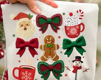 Desenho de Natal Cute Coquette PNG: Design de camisa natalina com bordado falso em crochê (Download digital)