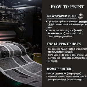 May include: Image showing printing instructions for newspaper printing. The text includes options for Newspaper Club, local print shops, and home printers. The image also shows a printing press and a roll of printed newspaper.