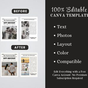 May include: A Canva template design with "BEFORE" and "AFTER" newspaper-style layouts. The "BEFORE" layout shows a couple embracing, while the "AFTER" layout shows a couple walking on a beach. Text includes "100% Editable CANVA TEMPLATE".