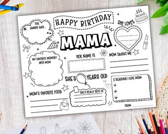 Happy Birthday Mama Coloring Page Printable, All About Mother Template, Mommy’s Birthday Activity, Happy Birthday Mama Placemat Printable