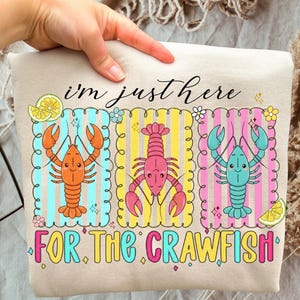Könnte beinhalten: Beiges Sweatshirt mit einem farbenfrohen Design von drei Cartoon-Flusskrebsen in Orange, Pink und Türkis, jeweils in einem gestreiften Rahmen. Der Text "I'm just here FOR THE CRAWFISH" steht ober- und unterhalb des Designs.
