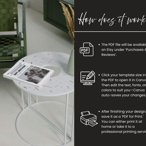 May include: A white, round side table with a book titled "The Anniversary Book" on top. The book features a photo of a couple. The text "How does it work!" is displayed with instructions on a black background.