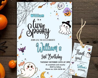 Zwei gruselige Halloween-Party-Einladung, gruselige Geburtstagsparty, bearbeitbarer Geist zur 2. Geburtstagsfeier einladen, zwei gruselige Geburtstagsfeier