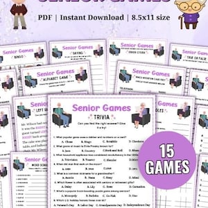 May include: A collection of 15 printable "Senior Games" in PDF format, including trivia, bingo, and word games. The design features cartoon illustrations and the text "Senior Games" in large purple letters. The size is 8.5x11 inches.