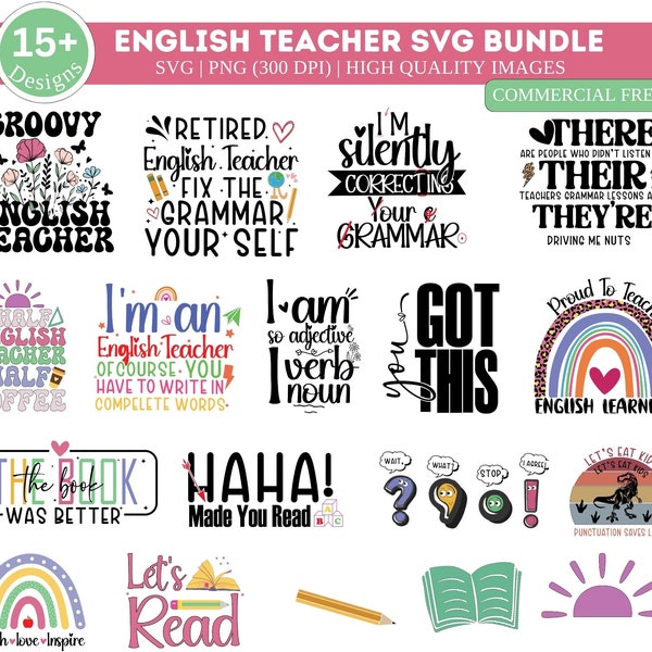 English Teacher SVG PNG Bundle| English Teacher Png| Teacher Svg| Funny English Teacher Gift Svg| Punctuation svg| Grammer Svg| Teacher Png