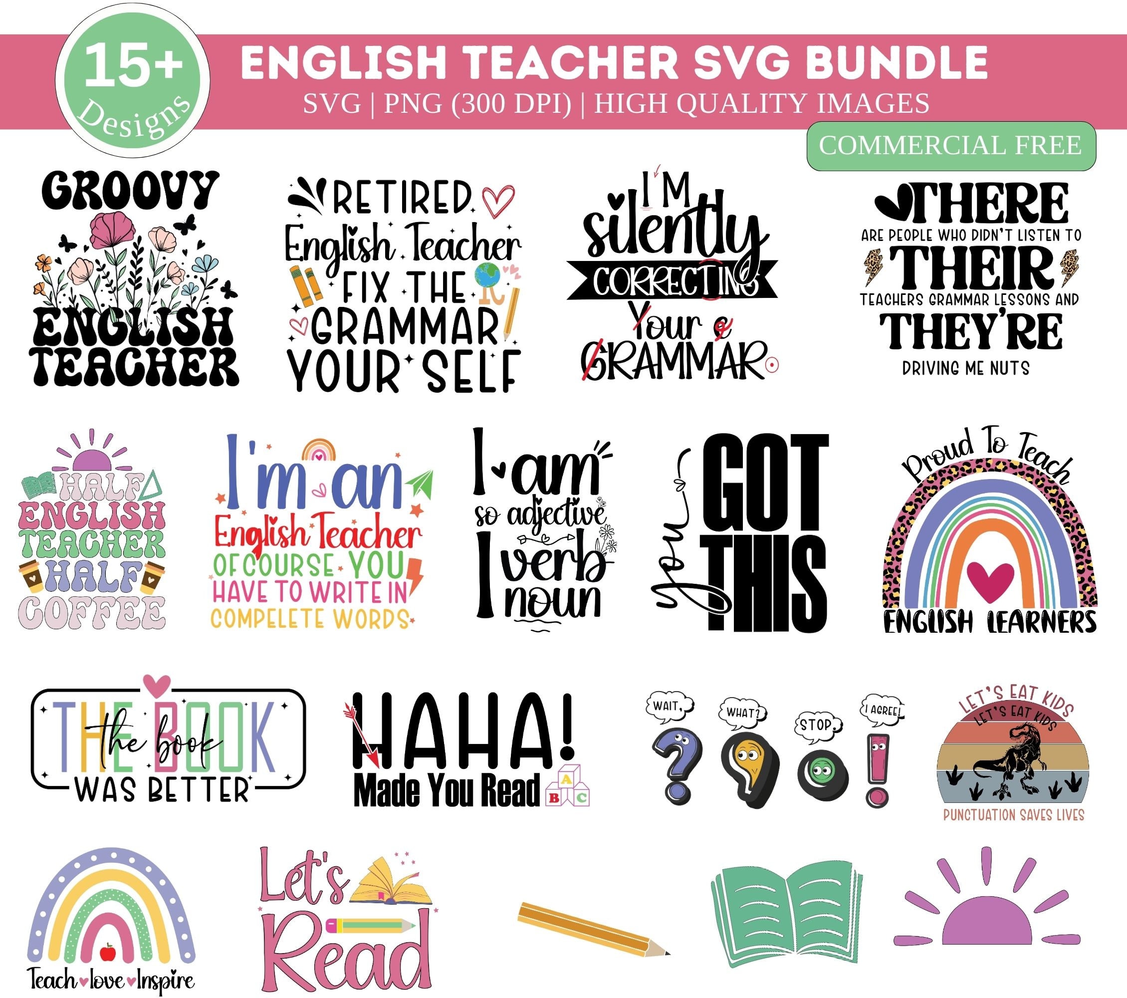 English Teacher SVG PNG Bundle| English Teacher Png| Teacher Svg| Funny English Teacher Gift Svg| Punctuation svg| Grammer Svg| Teacher Png