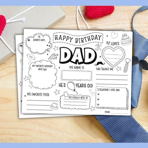 Op de afbeelding: Een zwart-wit afdrukbaar verjaardagscadeau voor papa. Het ontwerp bevat ruimtes om details in te vullen zoals favoriete herinneringen, eten en redenen om van te houden. De tekst bovenaan luidt "BIRTHDAY GIFT FOR DAD".