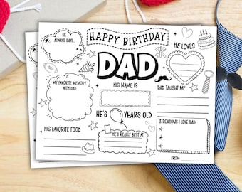 Happy Birthday Dad Coloring Page, Birthday Dad Placemat Activity Sheet, All About Fill-in-blanks, Dad Card, Dad’s printable gift for Kids
