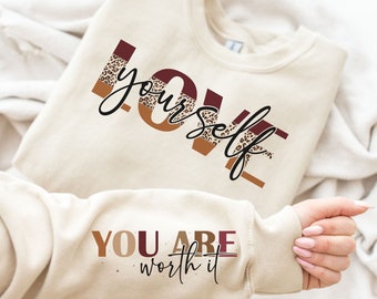 Love Yourself SVG PNG| Self Love Svg| Positive Daily Affirmations Svg| Boho Motivational Svg| Leopard Print Sleeve Png| Be Yourself Svg