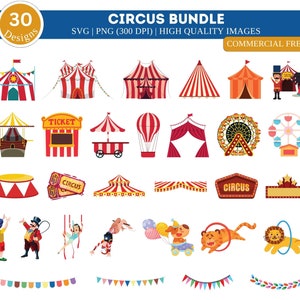Paquete SVG PNG de circo/ Clipart de circo/ Imprimible de circo/ Clip Art de carnaval/ Animales/ Clipart de tienda de circo/ Conjunto de circo/ Archivos de circo digital