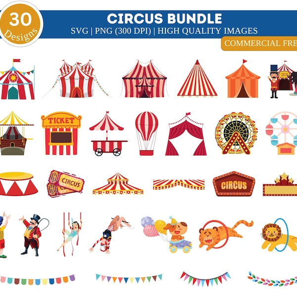 Ensemble cirque PNG SVG | Clipart cirque | Cirque imprimable| Clipart Carnaval| Animaux| Clipart chapiteau de cirque | Décor de cirque| Fichiers numériques de cirque