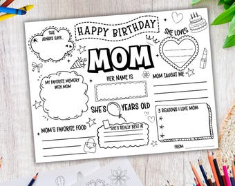 Página para colorear imprimible de Feliz Cumpleaños Mamá, Plantilla Todo sobre Mamá, Actividad de Cumpleaños de Mamá, Mantel Individual Imprimible de Feliz Cumpleaños Mamá
