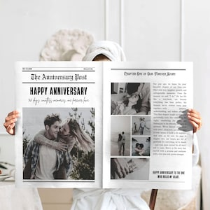 May include: A newspaper-style anniversary print with the headline "The Anniversary Post" and "Happy Anniversary." The print includes photos and text, with the phrase "365 days, countless memories, and forever love." The print is held by a person.