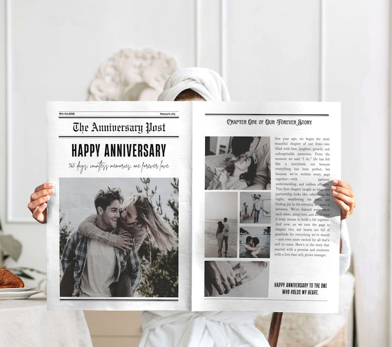 May include: A newspaper-style anniversary print with the headline "The Anniversary Post" and "Happy Anniversary." The print includes photos and text, with the phrase "365 days, countless memories, and forever love." The print is held by a person.