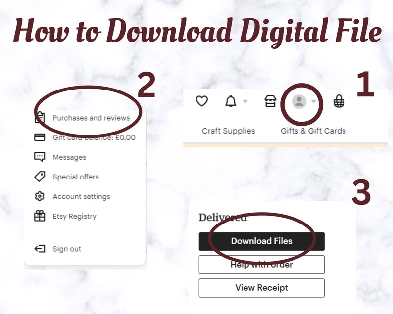 May include: A screenshot of a computer screen showing how to download a digital file on Etsy. The steps are numbered 1, 2, and 3. Step 1 shows the user's profile icon. Step 2 shows the Purchases and Reviews section. Step 3 shows the Download Files button.