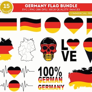 以下が含まれることがあります： ドイツ国旗を様々なスタイルで表現した15種類のデジタルデザインセット。ハート、スカル、地図、なびく旗などがあります。「100% GERMAN GERMANY」のテキストも含まれています。これらのデザインは、クラフト、アパレル、その他のプロジェクトの作成に最適です。