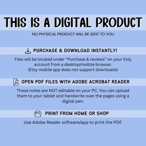 May include: A digital product announcement on a light blue background. The text reads "THIS IS A DIGITAL PRODUCT" and provides instructions for purchase, download, and printing. It emphasizes that no physical product will be sent.