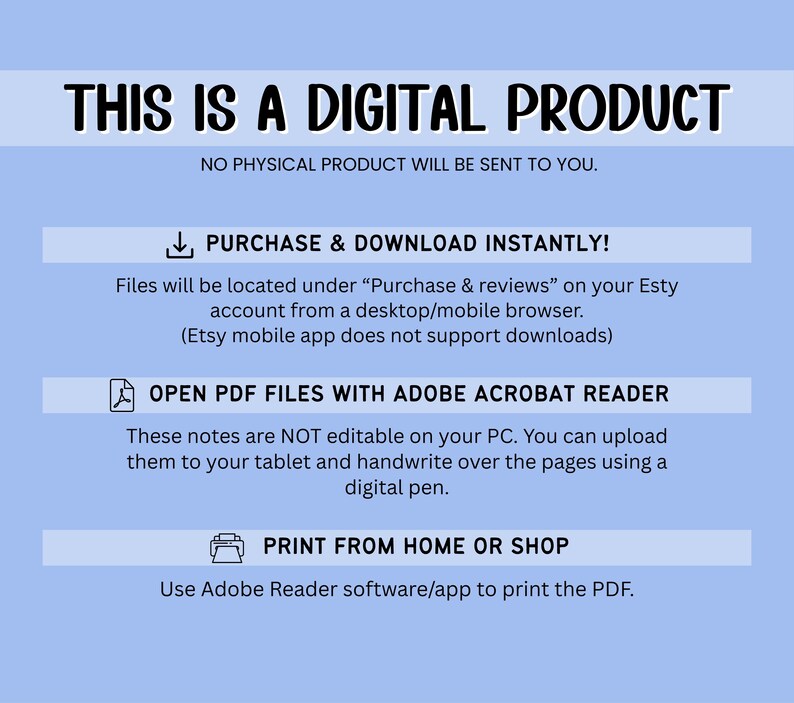 May include: A digital product announcement on a light blue background. The text reads "THIS IS A DIGITAL PRODUCT" and provides instructions for purchase, download, and printing. It emphasizes that no physical product will be sent.