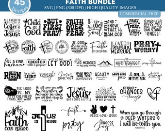 Puede incluir: Un conjunto de 45 diseños con temática de fe en formatos SVG y PNG. Los diseños presentan citas inspiradoras, símbolos religiosos y frases como "Faith Over Fear" y "Jesus is King". Las imágenes son de alta calidad y libres de uso comercial.