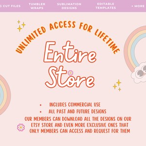 K&ouml;nnte beinhalten: Ein rosa Hintergrund mit einem Regenbogen und einer Wolke mit Augen. Der Text "Unlimited Access for Lifetime Entire Store" ist in Orange und Wei&szlig;. Der Text "Includes Commercial Use All Past and Future Designs Our Members Can Download All The Designs On Our Etsy Store And Even More Exclusive Ones That Only Members Can Access And Request For Them" ist in Schwarz.