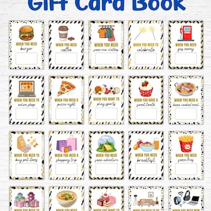 May include: A graduation gift card book with the text "50+ Graduation Gift Card Book" in blue. The book features illustrated cards for various occasions, including "burger," "coffee," "new clothes," and "gas money."