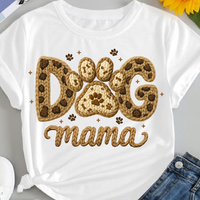 May include: White t-shirt featuring the words "Dog Mama" in a brown, leopard print design. The word "Dog" is spelled out with paw prints and a paw-shaped design. Small paw prints and crosses are scattered around the design.