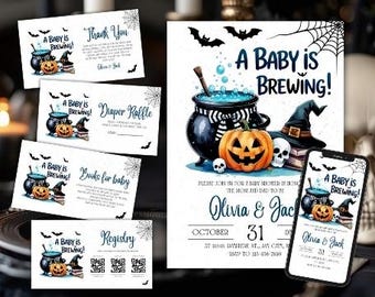Editable A Baby is Brewing baby shower invitation, Halloween Birthday Invitation Set, Spooky Ghost, Little Boo Shower