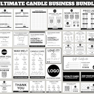 Bearbeitbares Kerzen-Business-Bundle| Druckbare Pflegehinweise | Danke-Karte | Kerzen Etikett | Wachs schmelzen | Canva Vorlage | Rechnung, Bestellschein
