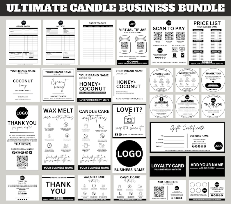 May include: Black and white printable templates for a candle business. The templates include order forms, invoices, price lists, labels, gift certificates, loyalty cards, and thank you cards. The templates feature a modern minimalist design with a black and white color scheme.