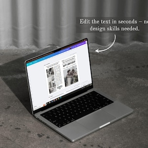 May include: A silver laptop displays a newspaper-style layout with the headline "Happy Anniversary." The screen shows a collage of photos and text. The text "Edit the text in seconds - no design skills needed" is also visible.